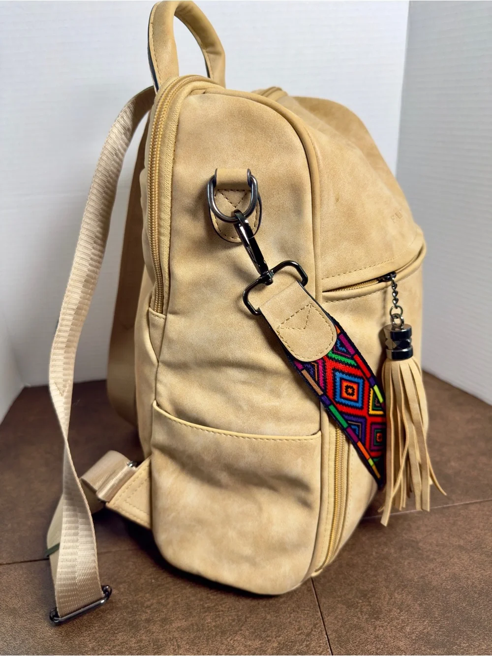 Fadeon Convertible Beige Faux Leather Backpack Colorful Embroidered Strap Sz M